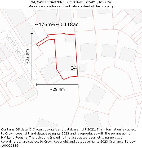 34, CASTLE GARDENS, KESGRAVE, IPSWICH, IP5 2EW: Plot and title map