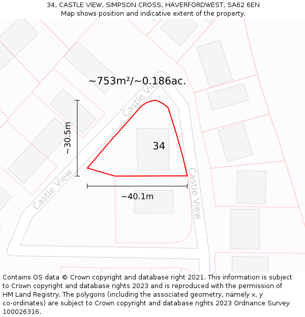 34, CASTLE VIEW, SIMPSON CROSS, HAVERFORDWEST, SA62 6EN: Plot and title map