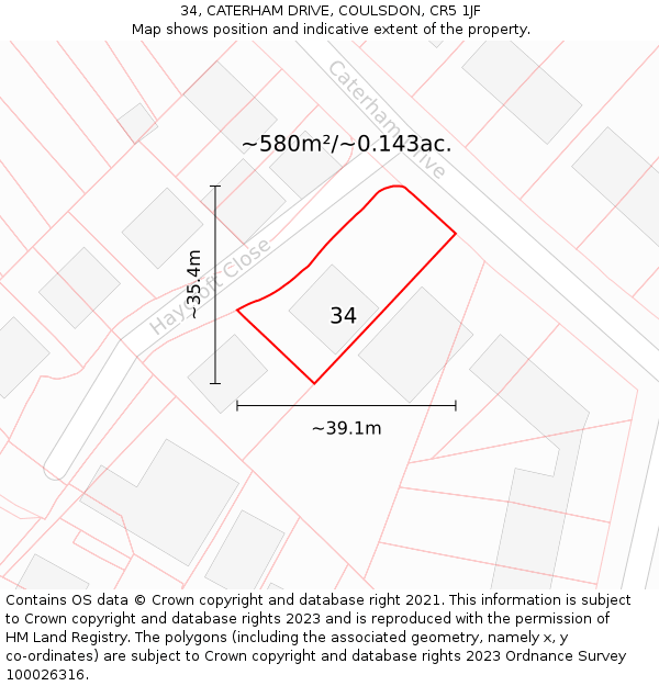 34, CATERHAM DRIVE, COULSDON, CR5 1JF: Plot and title map