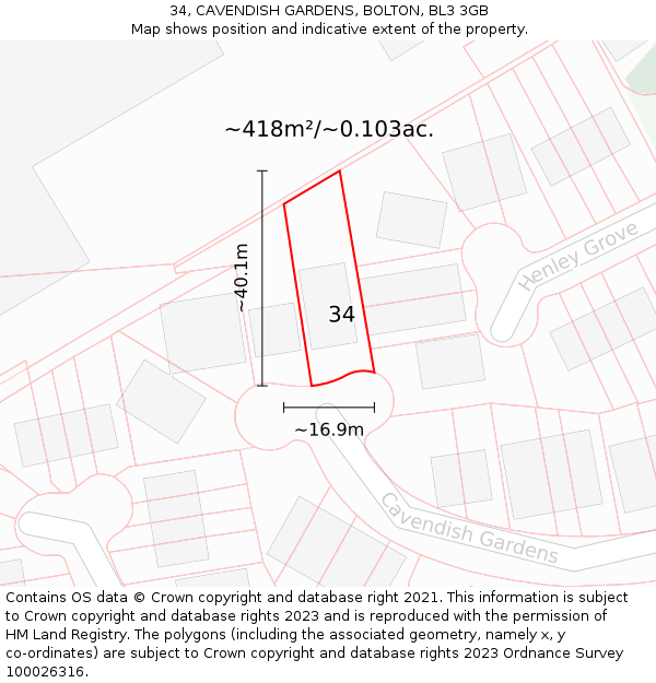 34, CAVENDISH GARDENS, BOLTON, BL3 3GB: Plot and title map