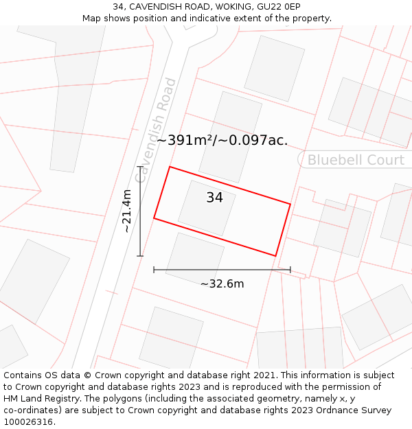 34, CAVENDISH ROAD, WOKING, GU22 0EP: Plot and title map