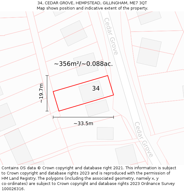 34, CEDAR GROVE, HEMPSTEAD, GILLINGHAM, ME7 3QT: Plot and title map