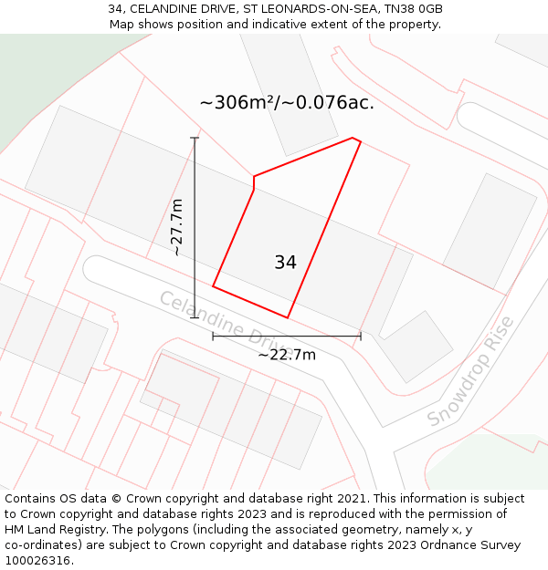 34, CELANDINE DRIVE, ST LEONARDS-ON-SEA, TN38 0GB: Plot and title map