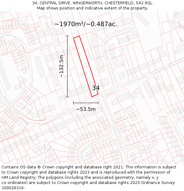 34, CENTRAL DRIVE, WINGERWORTH, CHESTERFIELD, S42 6QL: Plot and title map