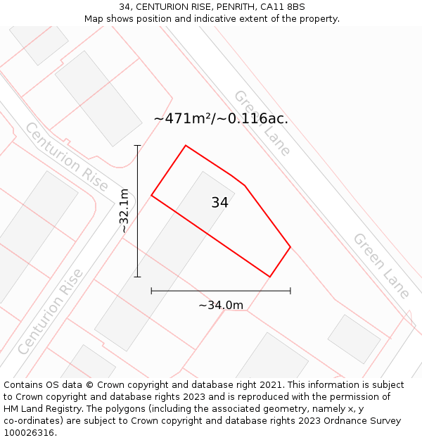 34, CENTURION RISE, PENRITH, CA11 8BS: Plot and title map