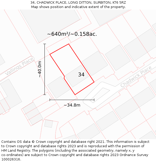 34, CHADWICK PLACE, LONG DITTON, SURBITON, KT6 5RZ: Plot and title map