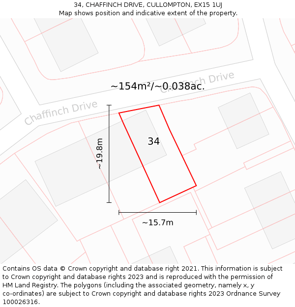 34, CHAFFINCH DRIVE, CULLOMPTON, EX15 1UJ: Plot and title map