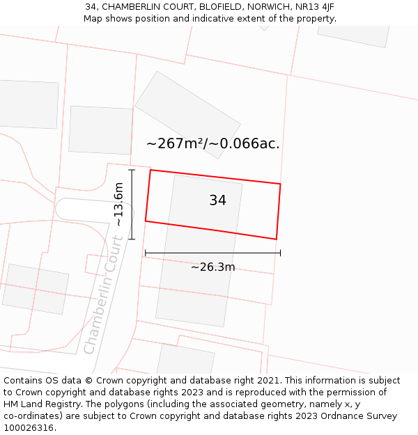 34, CHAMBERLIN COURT, BLOFIELD, NORWICH, NR13 4JF: Plot and title map
