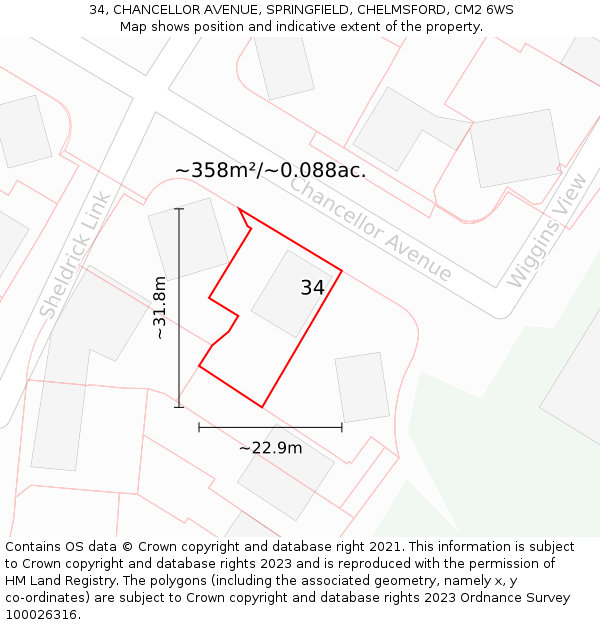 34, CHANCELLOR AVENUE, SPRINGFIELD, CHELMSFORD, CM2 6WS: Plot and title map