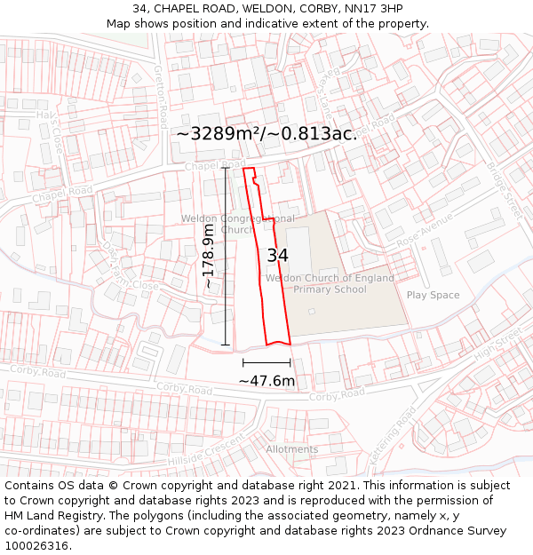 34, CHAPEL ROAD, WELDON, CORBY, NN17 3HP: Plot and title map