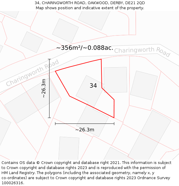 34, CHARINGWORTH ROAD, OAKWOOD, DERBY, DE21 2QD: Plot and title map