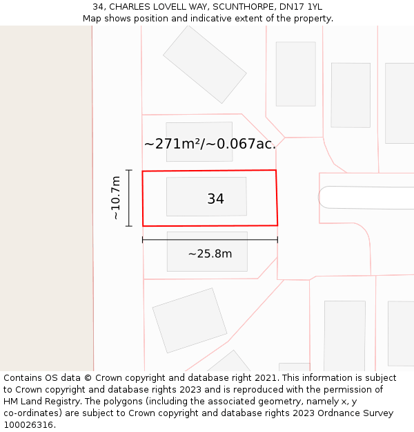 34, CHARLES LOVELL WAY, SCUNTHORPE, DN17 1YL: Plot and title map