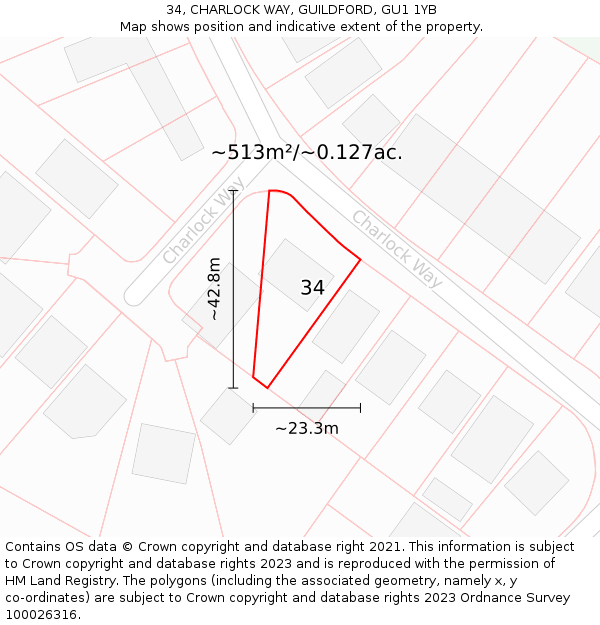 34, CHARLOCK WAY, GUILDFORD, GU1 1YB: Plot and title map