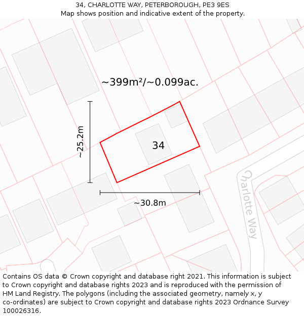 34, CHARLOTTE WAY, PETERBOROUGH, PE3 9ES: Plot and title map