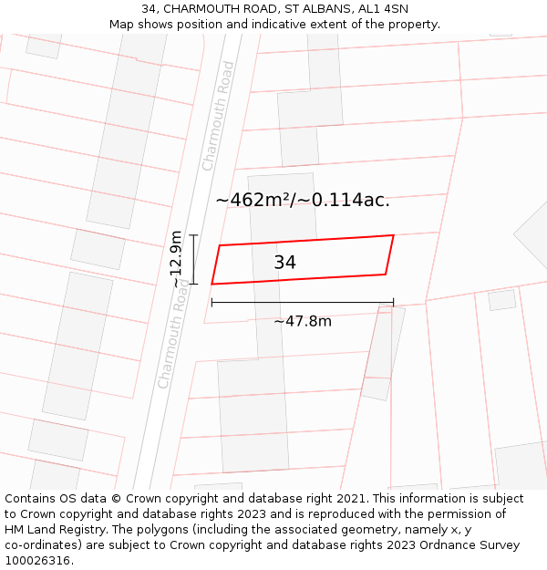 34, CHARMOUTH ROAD, ST ALBANS, AL1 4SN: Plot and title map