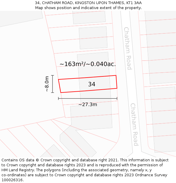 34, CHATHAM ROAD, KINGSTON UPON THAMES, KT1 3AA: Plot and title map