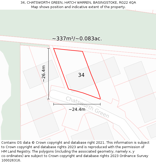 34, CHATSWORTH GREEN, HATCH WARREN, BASINGSTOKE, RG22 4QA: Plot and title map