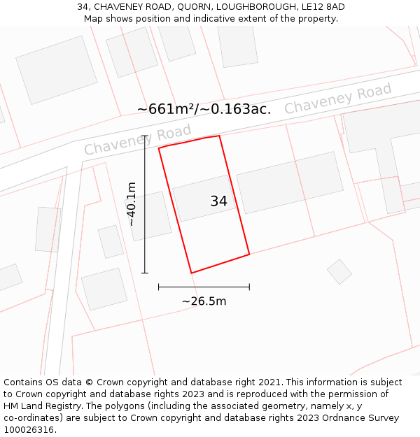 34, CHAVENEY ROAD, QUORN, LOUGHBOROUGH, LE12 8AD: Plot and title map