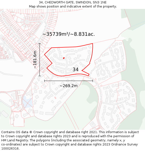34, CHEDWORTH GATE, SWINDON, SN3 1NE: Plot and title map