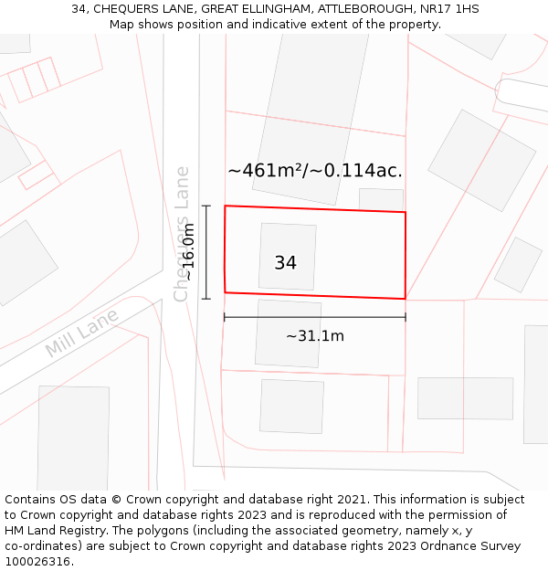 34, CHEQUERS LANE, GREAT ELLINGHAM, ATTLEBOROUGH, NR17 1HS: Plot and title map