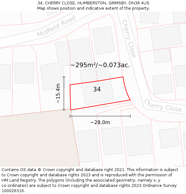34, CHERRY CLOSE, HUMBERSTON, GRIMSBY, DN36 4US: Plot and title map