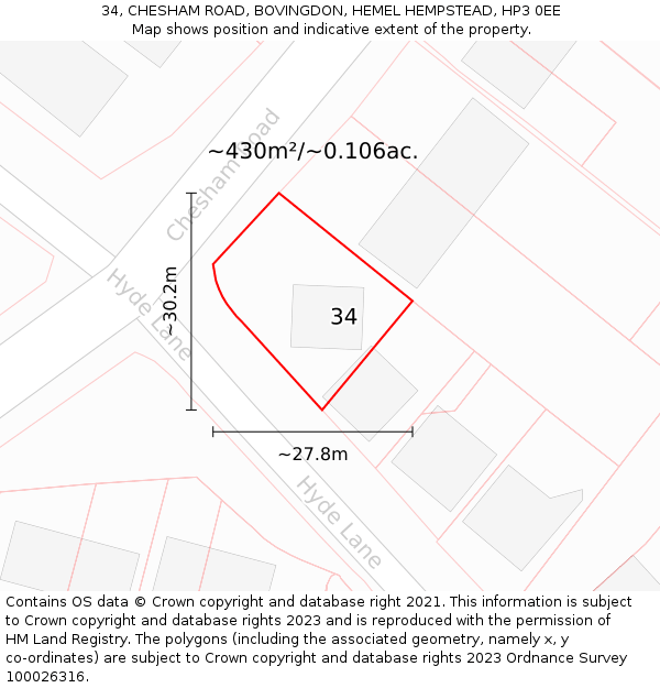 34, CHESHAM ROAD, BOVINGDON, HEMEL HEMPSTEAD, HP3 0EE: Plot and title map