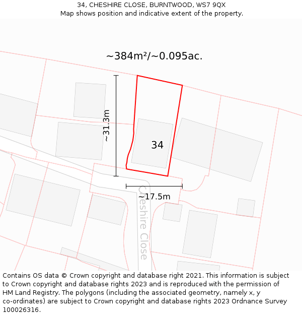 34, CHESHIRE CLOSE, BURNTWOOD, WS7 9QX: Plot and title map
