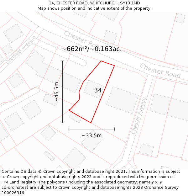 34, CHESTER ROAD, WHITCHURCH, SY13 1ND: Plot and title map