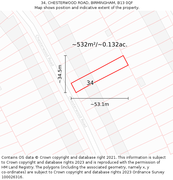 34, CHESTERWOOD ROAD, BIRMINGHAM, B13 0QF: Plot and title map