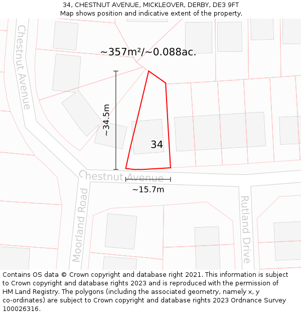 34, CHESTNUT AVENUE, MICKLEOVER, DERBY, DE3 9FT: Plot and title map