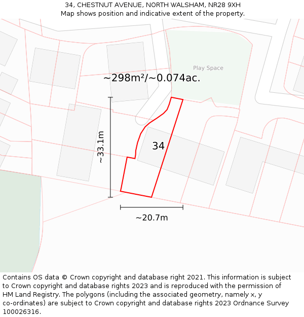 34, CHESTNUT AVENUE, NORTH WALSHAM, NR28 9XH: Plot and title map