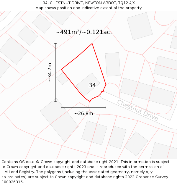 34, CHESTNUT DRIVE, NEWTON ABBOT, TQ12 4JX: Plot and title map