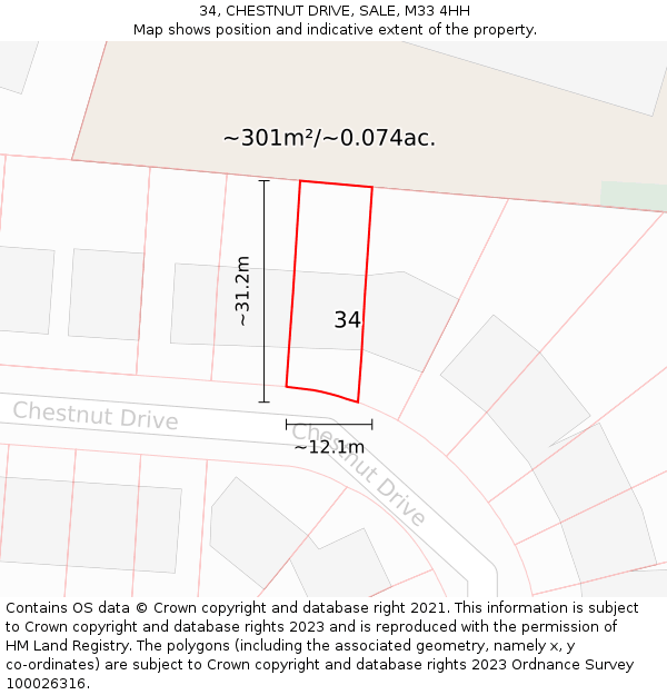 34, CHESTNUT DRIVE, SALE, M33 4HH: Plot and title map
