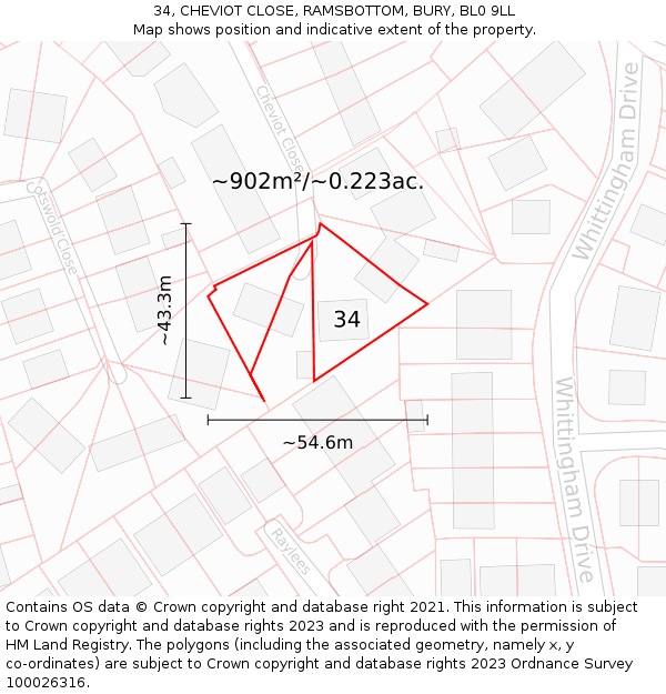 34, CHEVIOT CLOSE, RAMSBOTTOM, BURY, BL0 9LL: Plot and title map