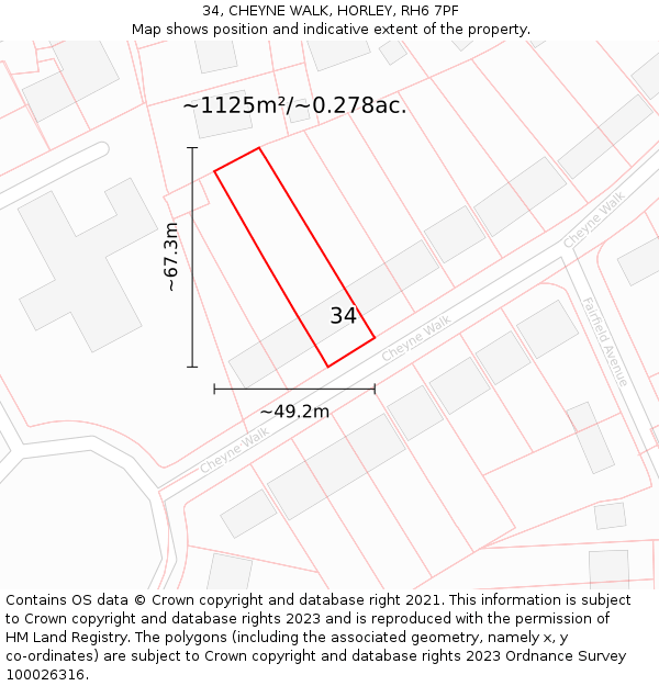 34, CHEYNE WALK, HORLEY, RH6 7PF: Plot and title map