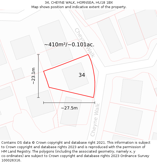 34, CHEYNE WALK, HORNSEA, HU18 1BX: Plot and title map