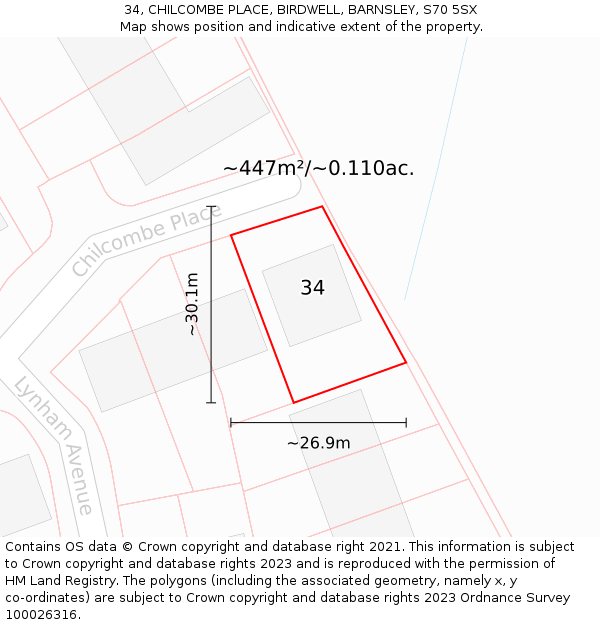 34, CHILCOMBE PLACE, BIRDWELL, BARNSLEY, S70 5SX: Plot and title map