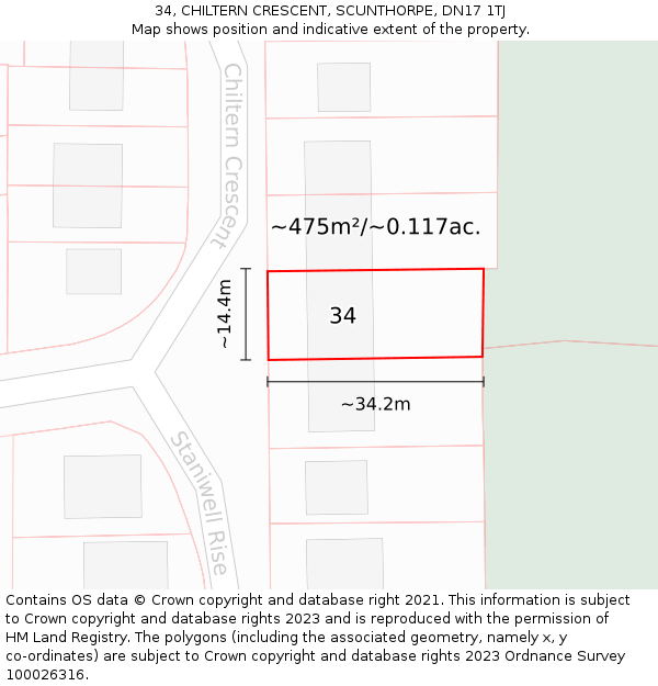34, CHILTERN CRESCENT, SCUNTHORPE, DN17 1TJ: Plot and title map