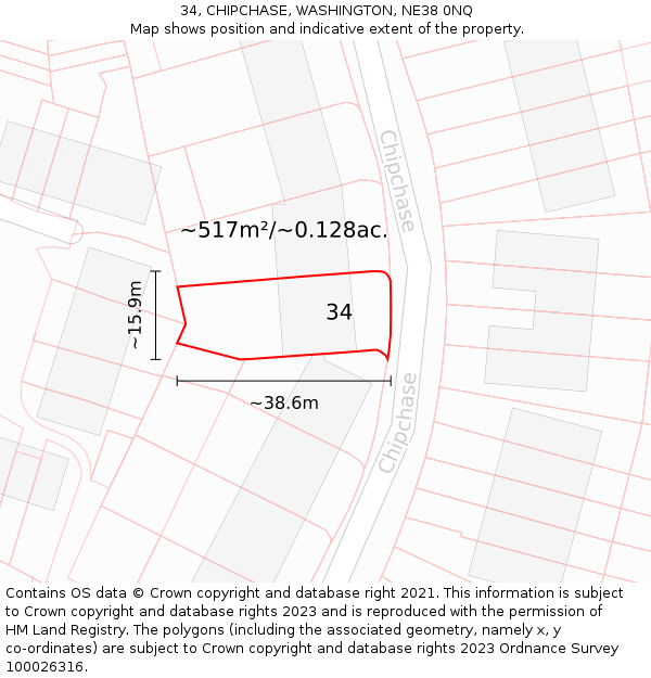 34, CHIPCHASE, WASHINGTON, NE38 0NQ: Plot and title map