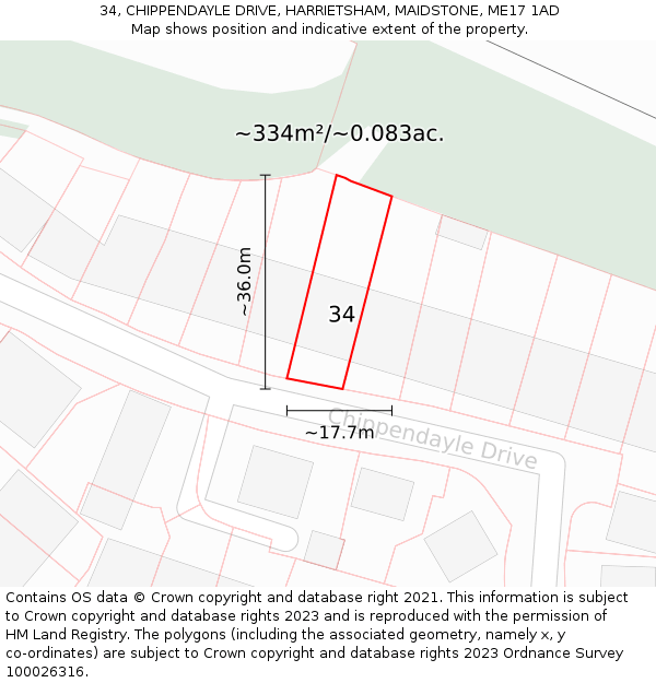 34, CHIPPENDAYLE DRIVE, HARRIETSHAM, MAIDSTONE, ME17 1AD: Plot and title map