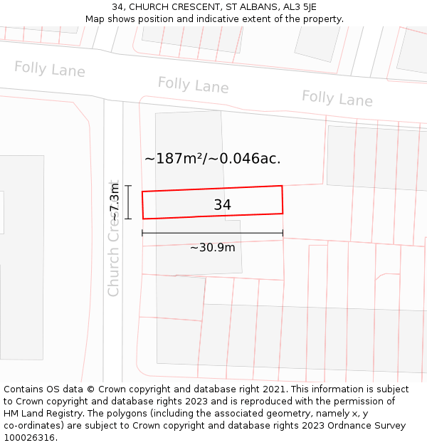 34, CHURCH CRESCENT, ST ALBANS, AL3 5JE: Plot and title map