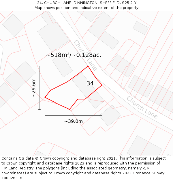 34, CHURCH LANE, DINNINGTON, SHEFFIELD, S25 2LY: Plot and title map