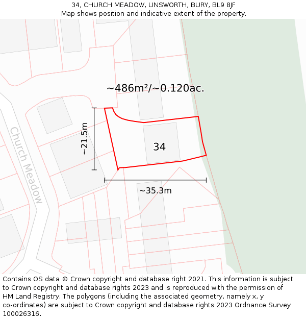 34, CHURCH MEADOW, UNSWORTH, BURY, BL9 8JF: Plot and title map