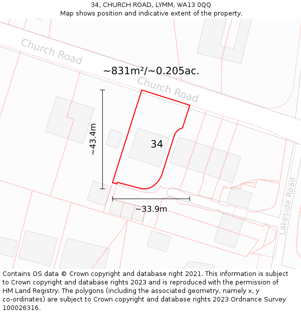 34, CHURCH ROAD, LYMM, WA13 0QQ: Plot and title map