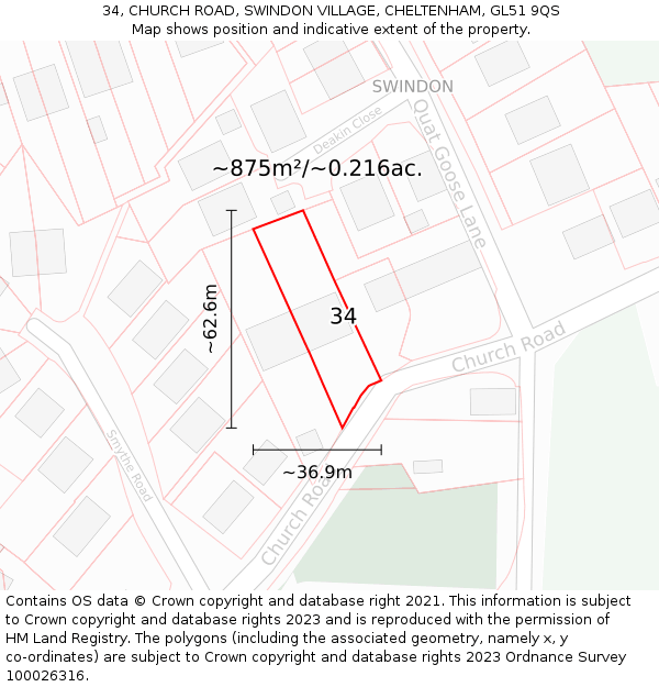 34, CHURCH ROAD, SWINDON VILLAGE, CHELTENHAM, GL51 9QS: Plot and title map