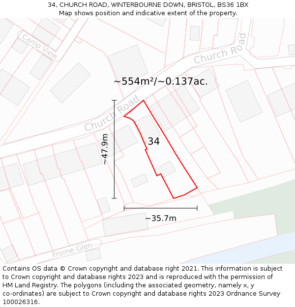 34, CHURCH ROAD, WINTERBOURNE DOWN, BRISTOL, BS36 1BX: Plot and title map