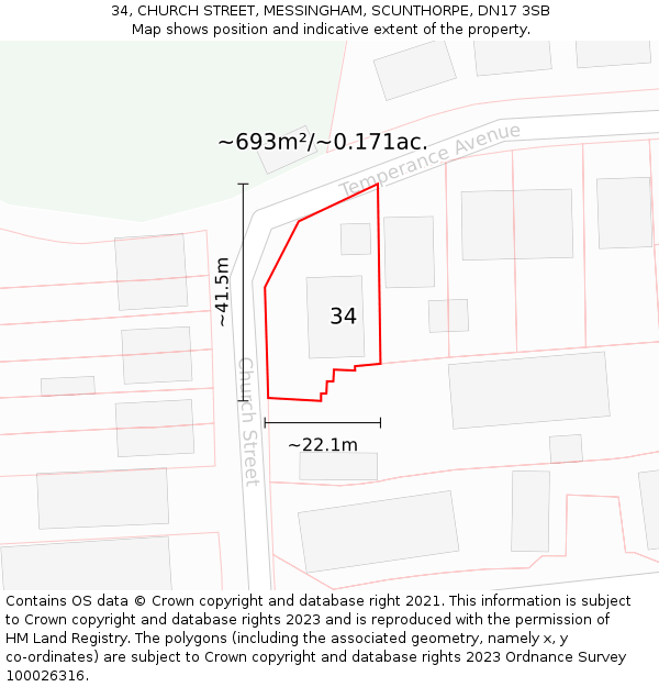 34, CHURCH STREET, MESSINGHAM, SCUNTHORPE, DN17 3SB: Plot and title map