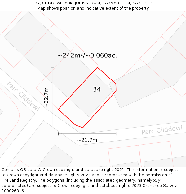 34, CILDDEWI PARK, JOHNSTOWN, CARMARTHEN, SA31 3HP: Plot and title map