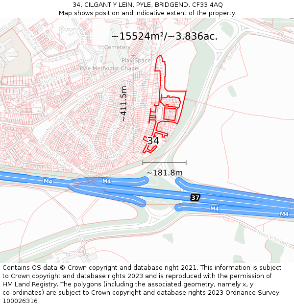 34, CILGANT Y LEIN, PYLE, BRIDGEND, CF33 4AQ: Plot and title map
