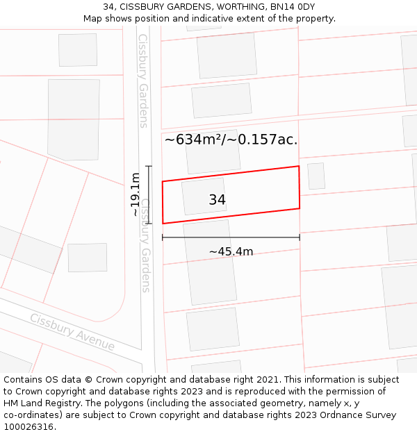 34, CISSBURY GARDENS, WORTHING, BN14 0DY: Plot and title map